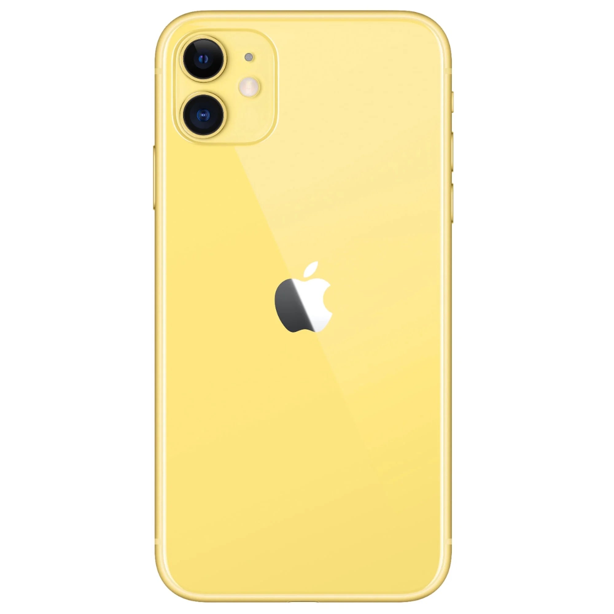 Vista trasera con camara de un iphone 11 reacondicionado color amarillo